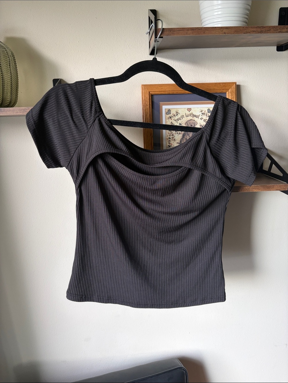 SHEIN Black Ribbed Scoop Neck Short Sleeve Top